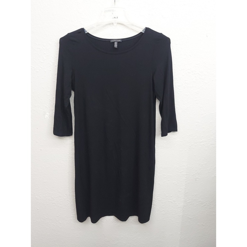 Eileen Fisher Dress Womens Medium Black Round Neck Pullover Knee Viscose Lycra